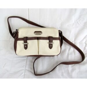 Chaps Two-Tone Crossbody Handbag Purse Brown & Ivory Pebbled Faux Leather
